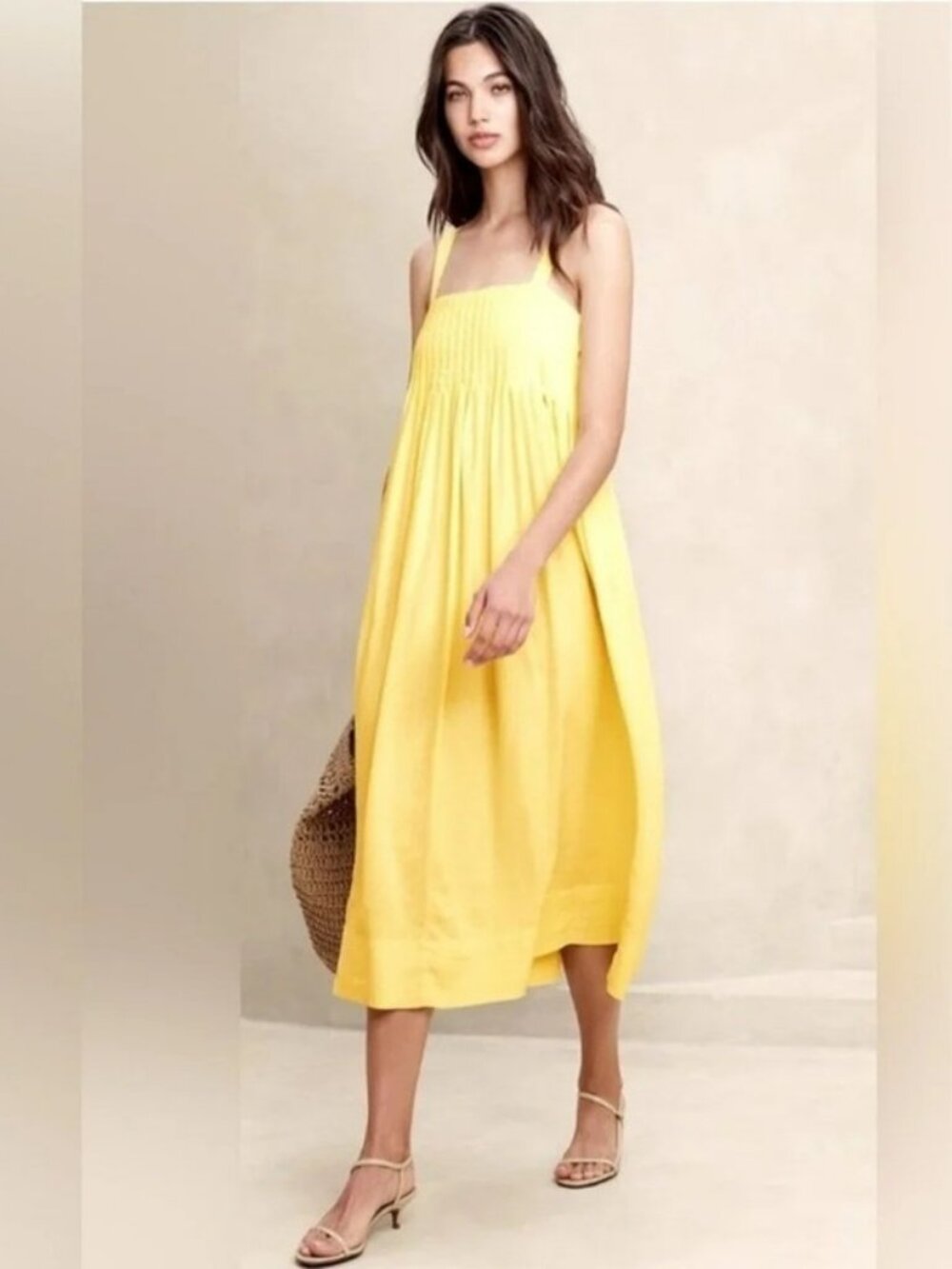 NWT Banana Republic Factory Linen-Blend Drapey Midi Dress XS Petite Yellow Maize